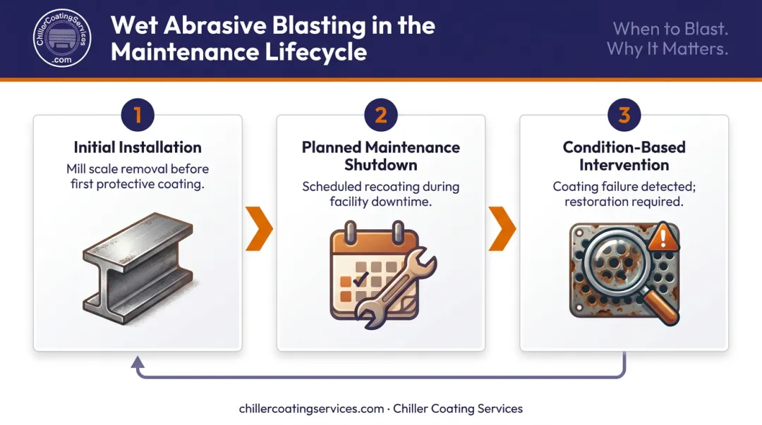 Three-stage wet abrasive blasting maintenance lifecycle trigger points infographic
