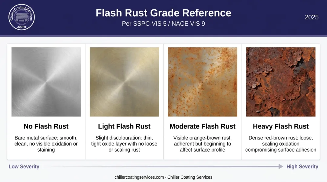 Four flash rust severity grades visual comparison chart for wet blasted steel