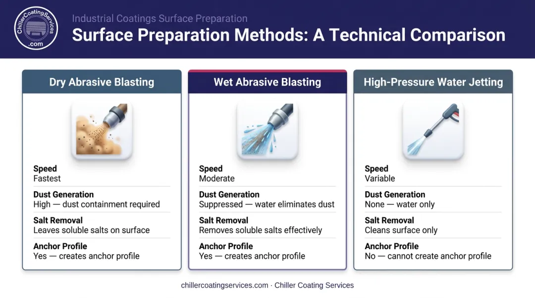 Comparison of wet abrasive blasting dry blasting and water jetting methods