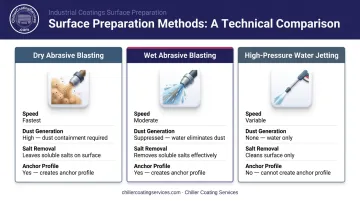 Comparison of wet abrasive blasting dry blasting and water jetting methods
