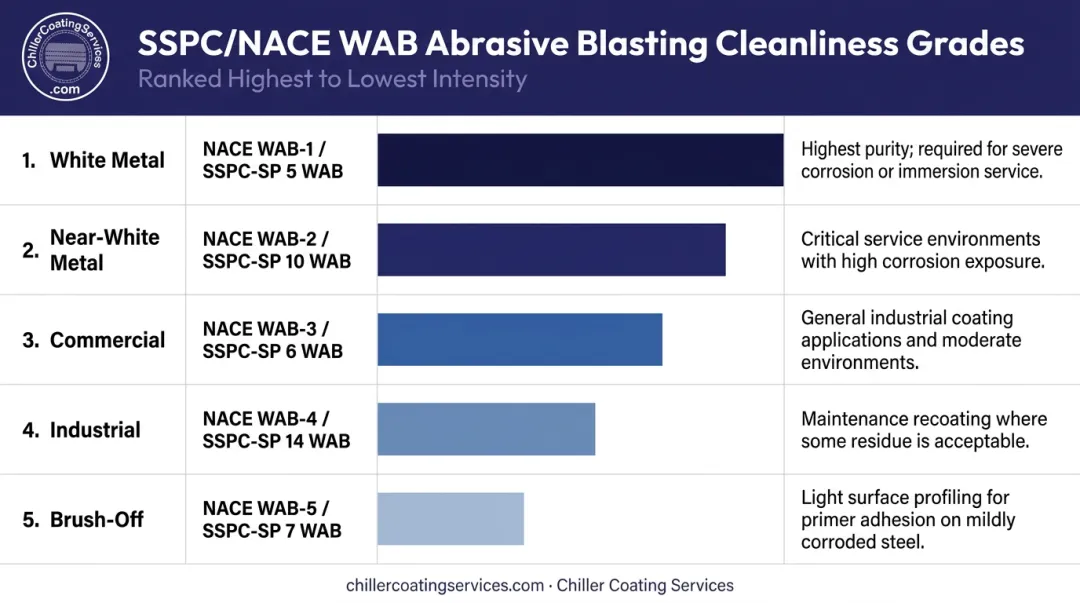 Five SSPC NACE wet abrasive blasting cleanliness grades comparison chart