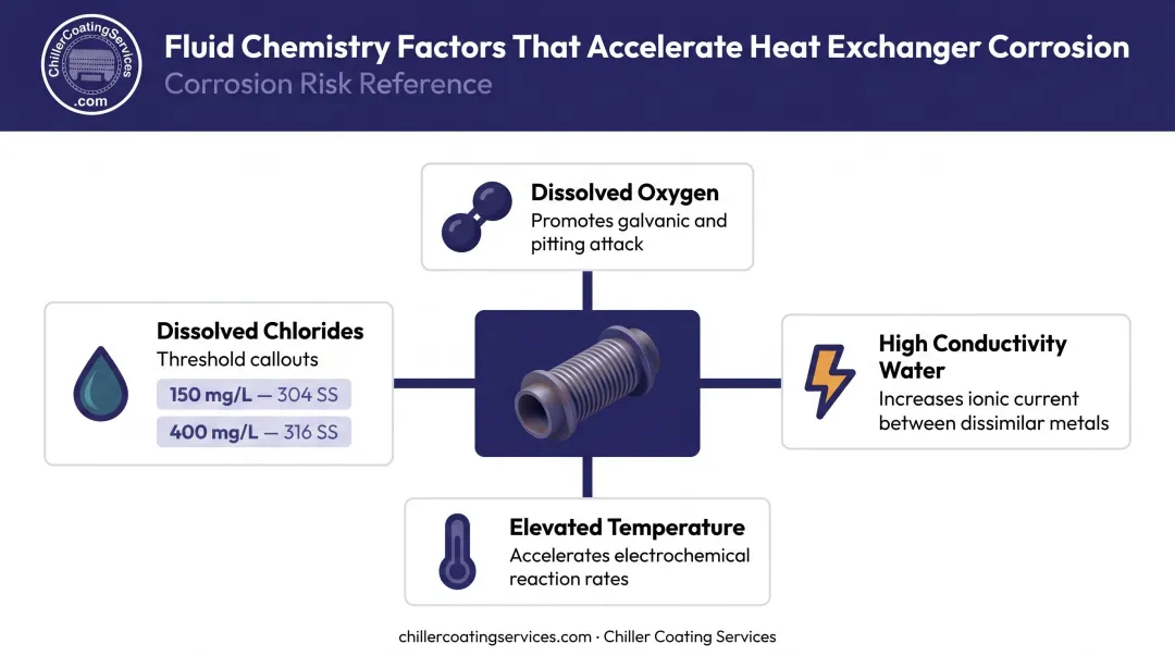 Four aggressive fluid chemistry corrosion triggers in heat exchanger cooling systems