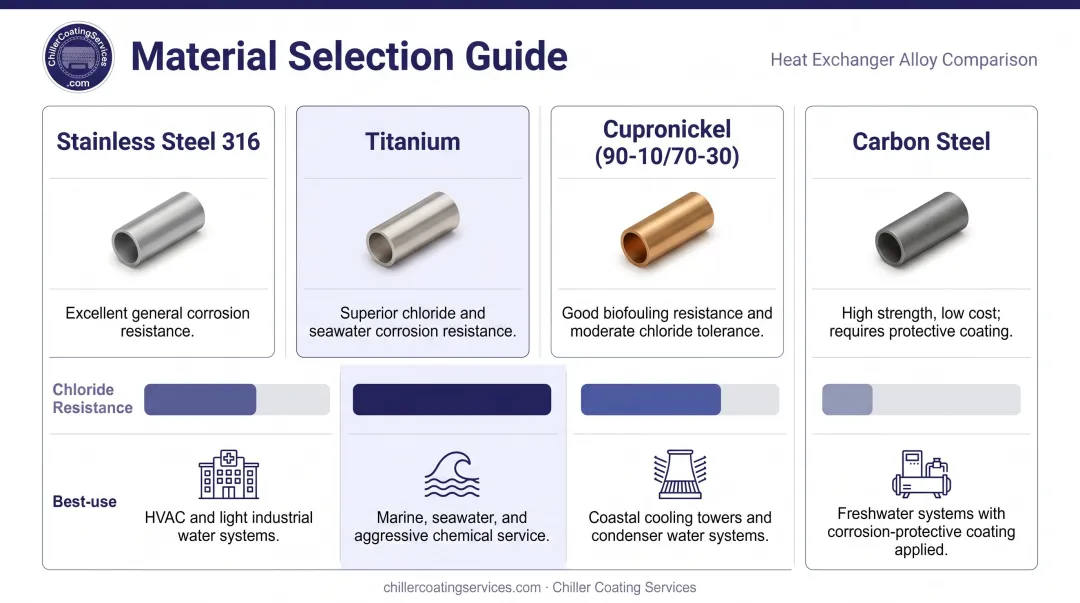 Heat exchanger material comparison chart stainless steel titanium cupronickel and carbon steel