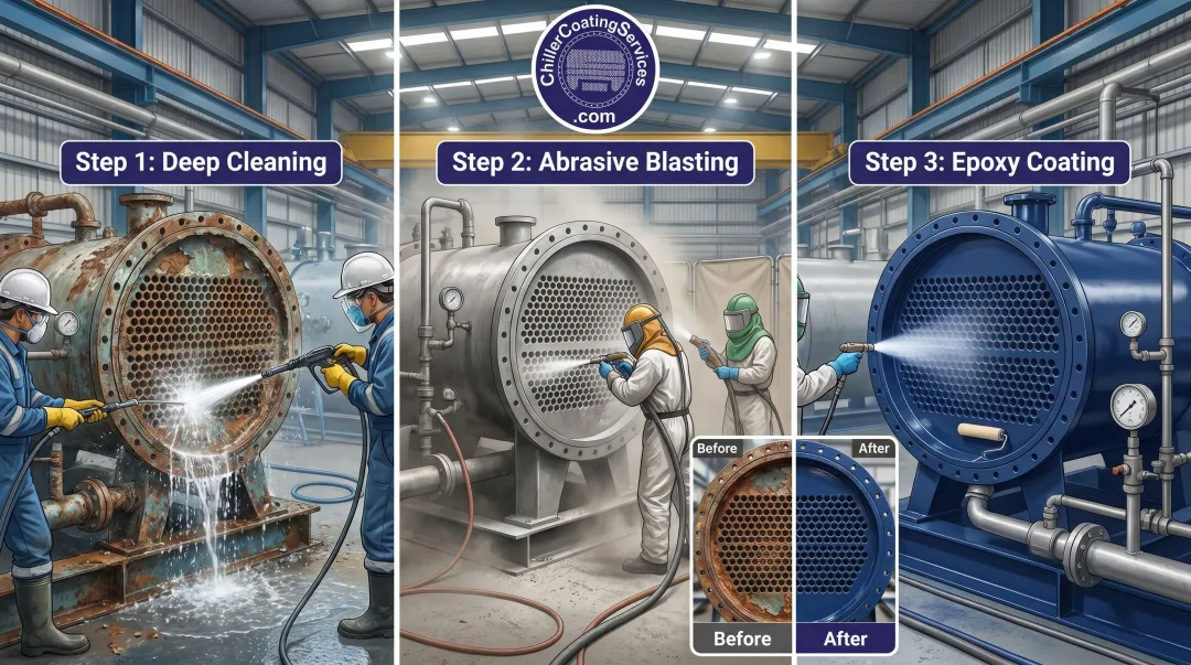 Three-step chiller tube sheet coating service process from cleaning to epoxy application