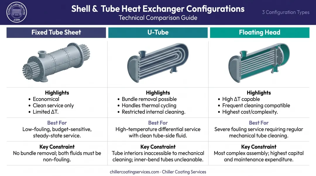 Three shell and tube heat exchanger configurations comparison fixed U-tube floating head