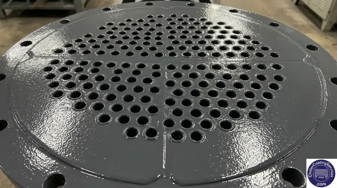 Chiller tube sheet with 100% solids epoxy coating applied showing protected surface