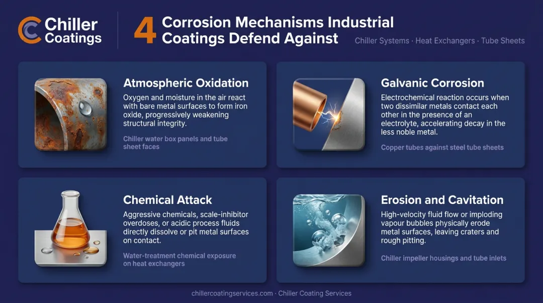 Four industrial corrosion mechanisms affecting chillers and heat exchangers infographic