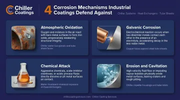 Four industrial corrosion mechanisms affecting chillers and heat exchangers infographic