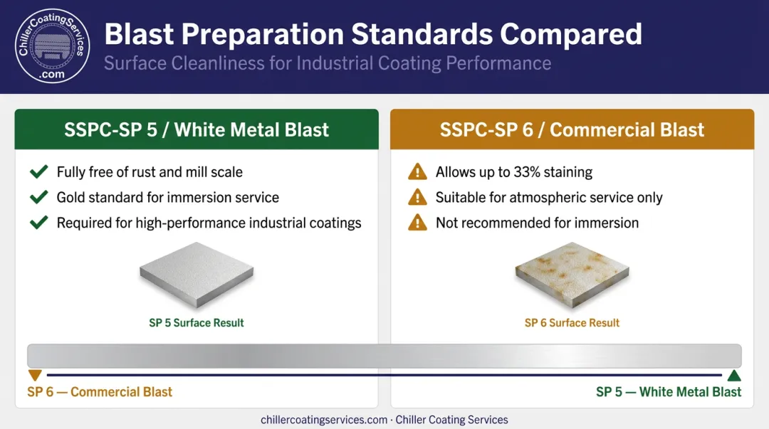 SSPC SP-5 white metal blast versus SP-6 commercial blast standards side-by-side comparison