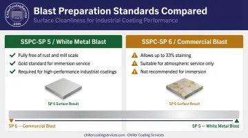 SSPC SP-5 white metal blast versus SP-6 commercial blast standards side-by-side comparison