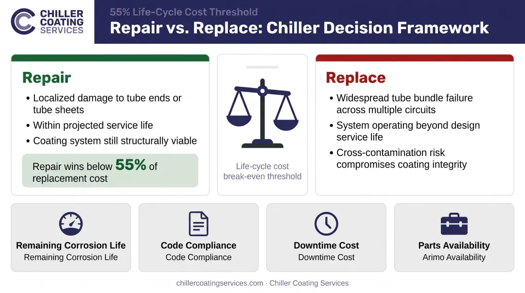 Heat exchanger repair versus replacement decision framework with cost threshold factors