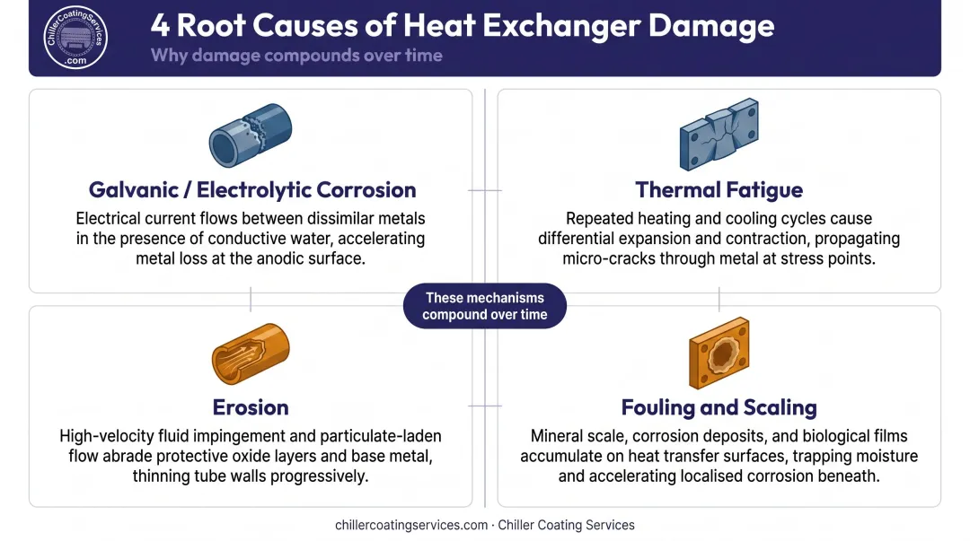 Four root causes of heat exchanger failure mechanisms comparison infographic
