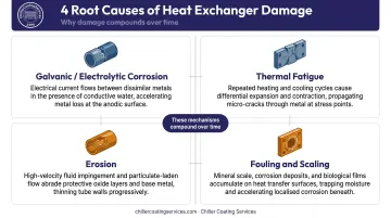 Four root causes of heat exchanger failure mechanisms comparison infographic