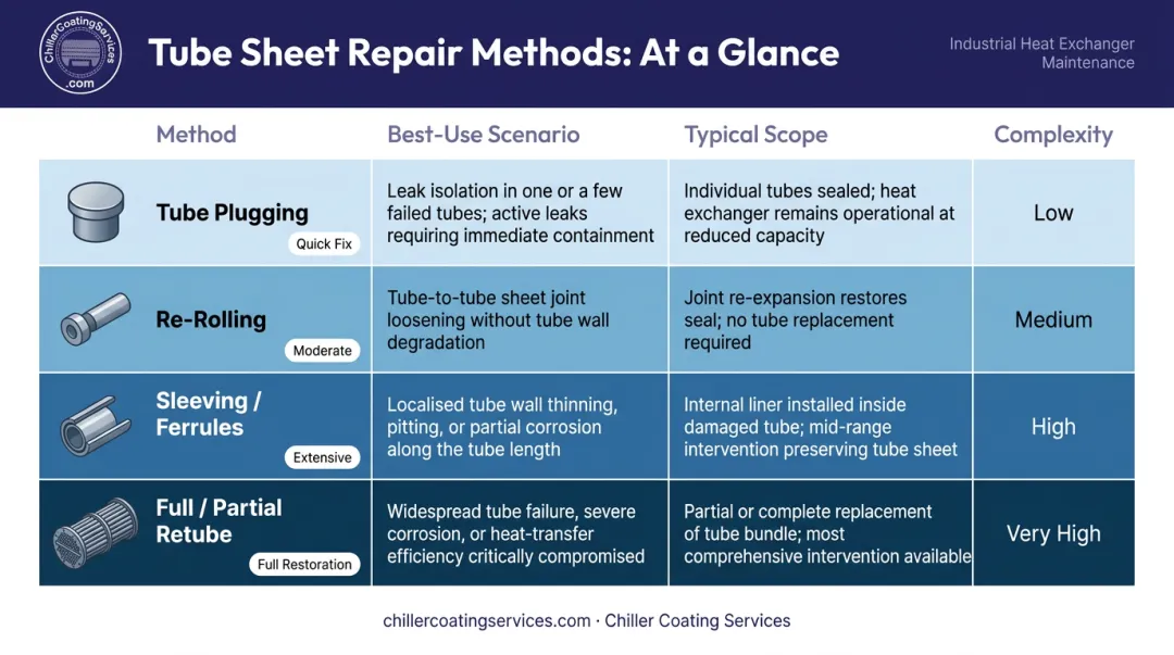 Four tube sheet repair methods comparison chart from plugging to full retubing
