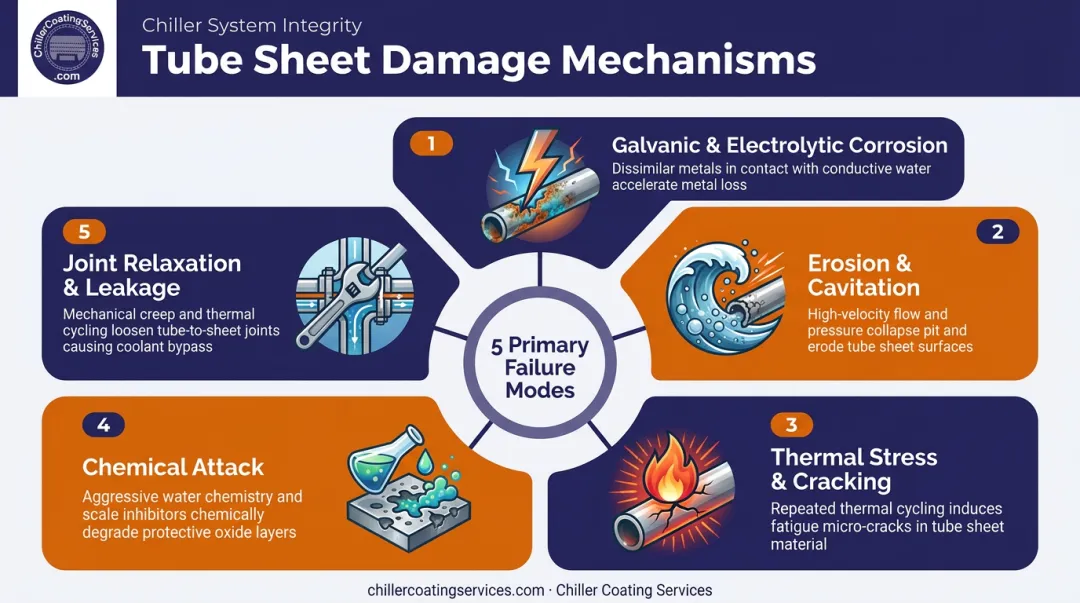 Five primary tube sheet damage mechanisms illustrated in circular process infographic