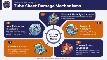 Five primary tube sheet damage mechanisms illustrated in circular process infographic