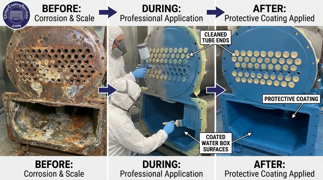 Chiller tube sheet protective coating application process on water-cooled heat exchanger