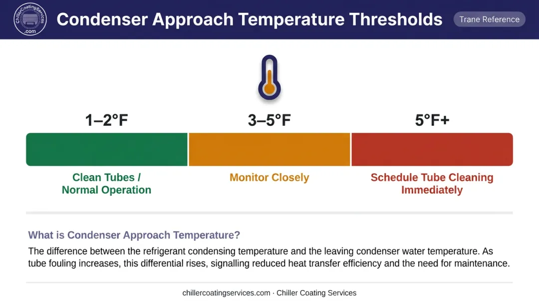 Chiller condenser approach temperature diagnostic thresholds clean versus fouled tubes