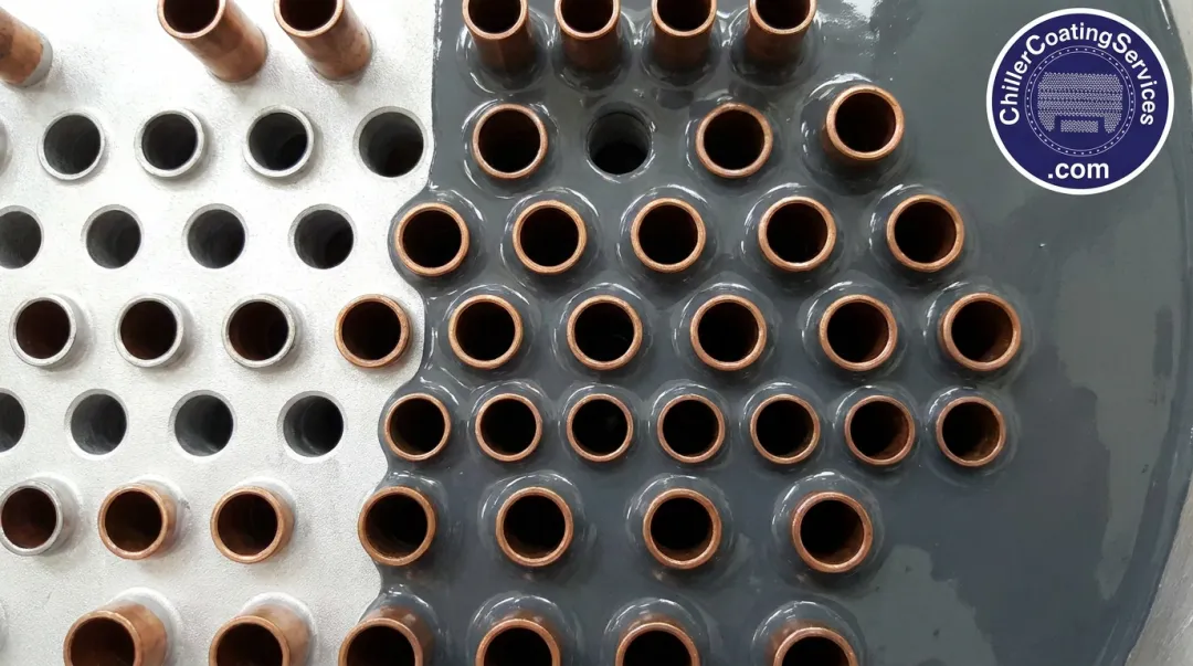 Chiller tube sheet surface after white metal blast preparation and epoxy coating application