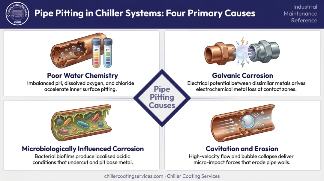 Four primary causes of pipe pitting in chiller systems infographic