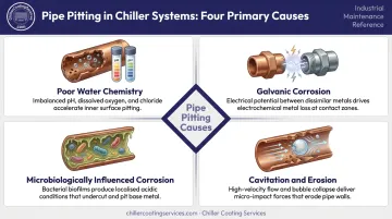 Four primary causes of pipe pitting in chiller systems infographic