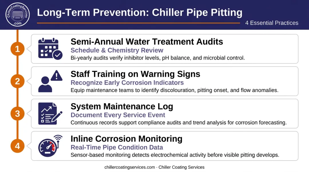 Four long-term chiller pipe pitting prevention practices and maintenance schedule infographic
