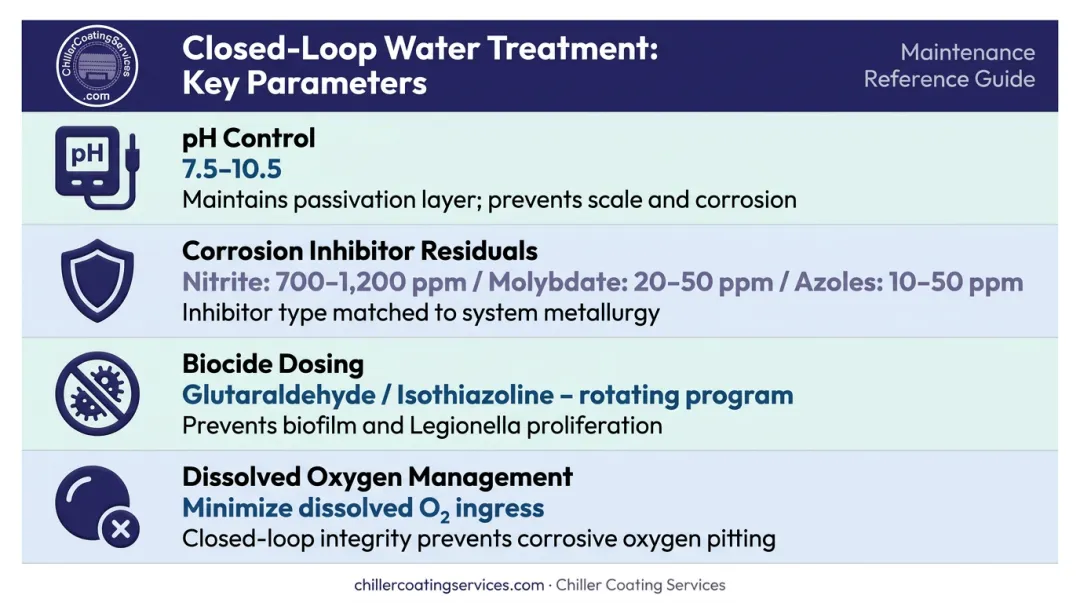 Closed-loop chiller water treatment program key chemical parameters and target ranges