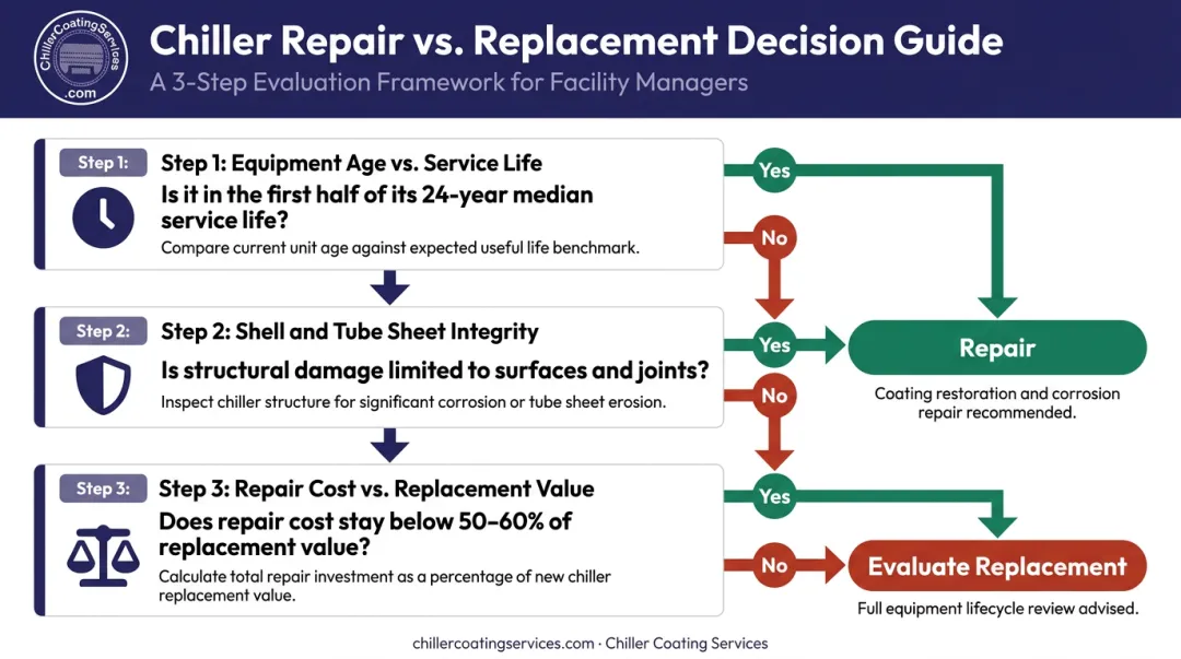 Three-variable repair versus replacement decision framework flowchart for heat exchangers