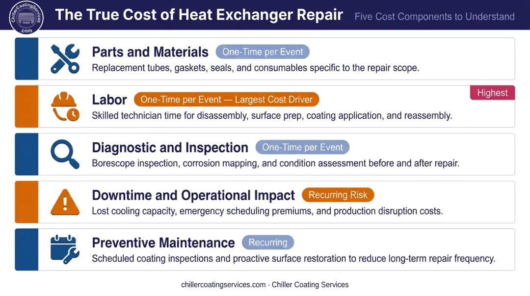 Heat exchanger repair full cost breakdown showing five components from parts to downtime