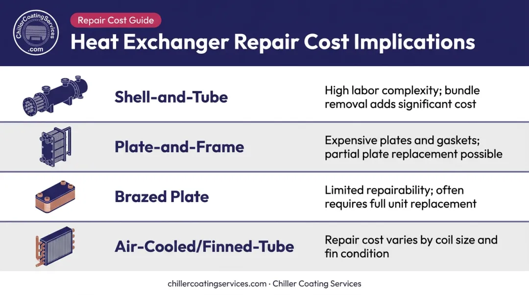 Heat exchanger type comparison chart showing repair cost implications by configuration
