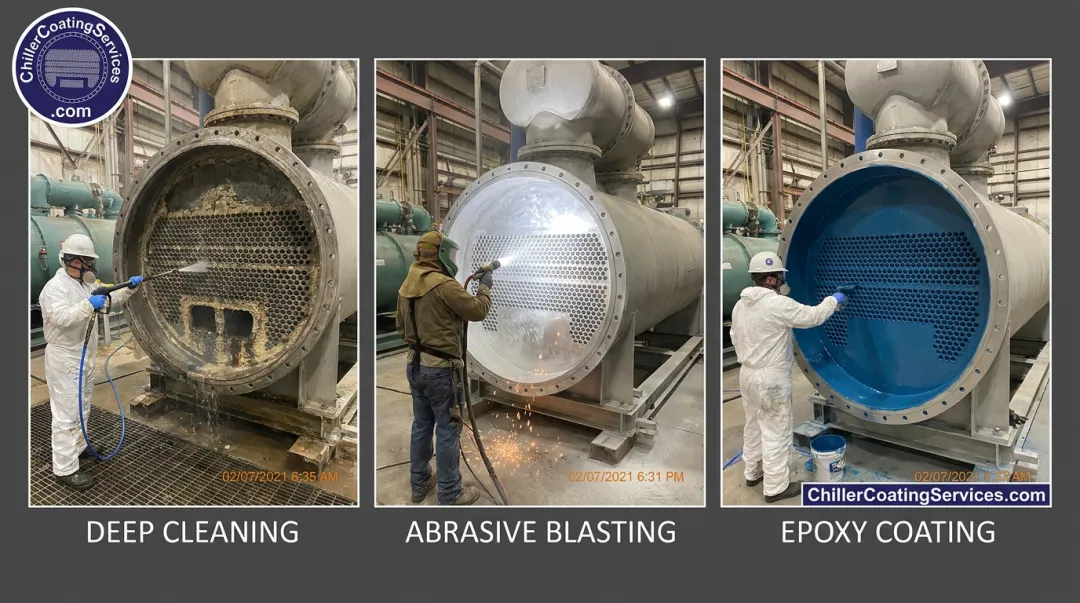 Chiller tube sheet restoration process showing abrasive blasting and epoxy coating application