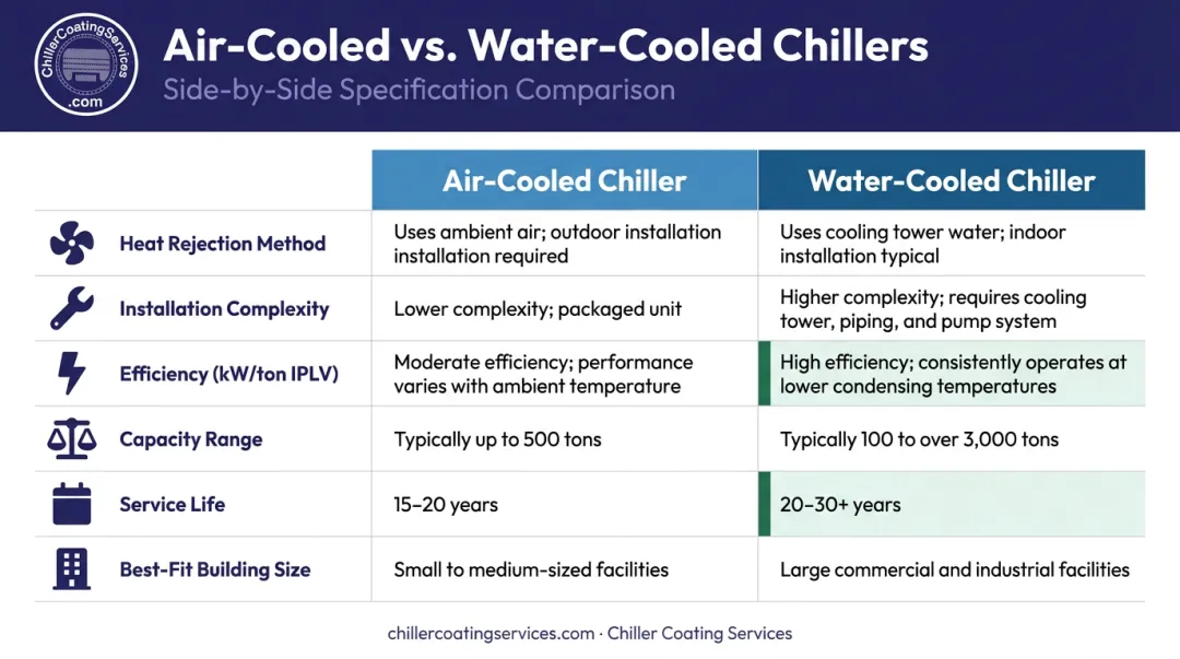Air-cooled versus water-cooled commercial chiller side-by-side comparison infographic
