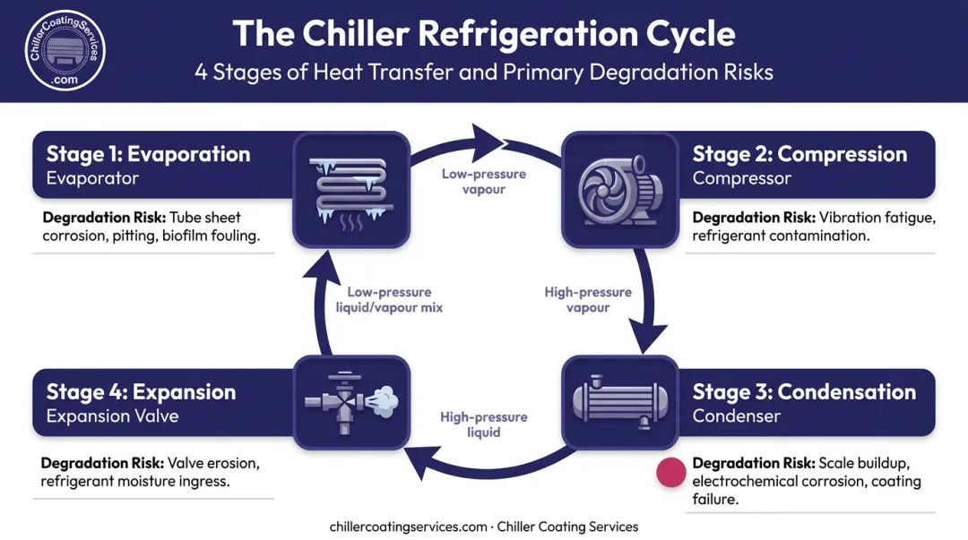 Four-stage commercial chiller refrigeration cycle process flow diagram