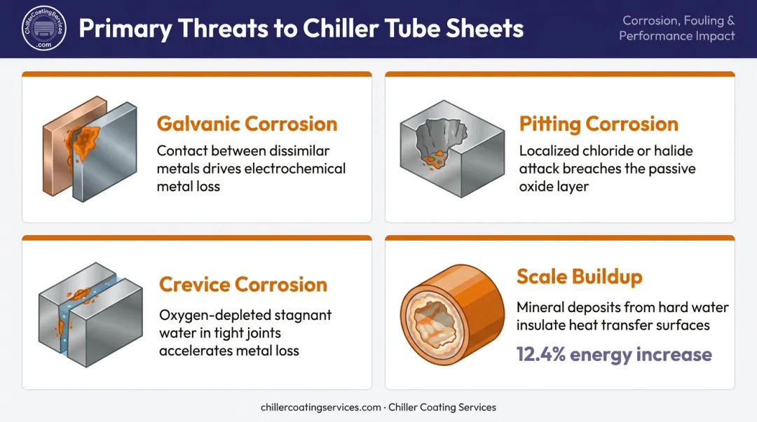 Four chiller tube sheet corrosion types causes and performance impact infographic