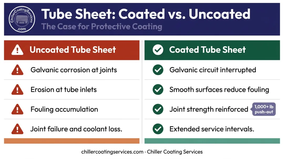 coated versus uncoated chiller tube sheet outcomes comparison infographic