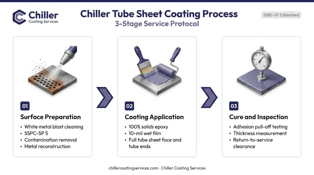 three-step chiller tube sheet epoxy coating application process flow diagram