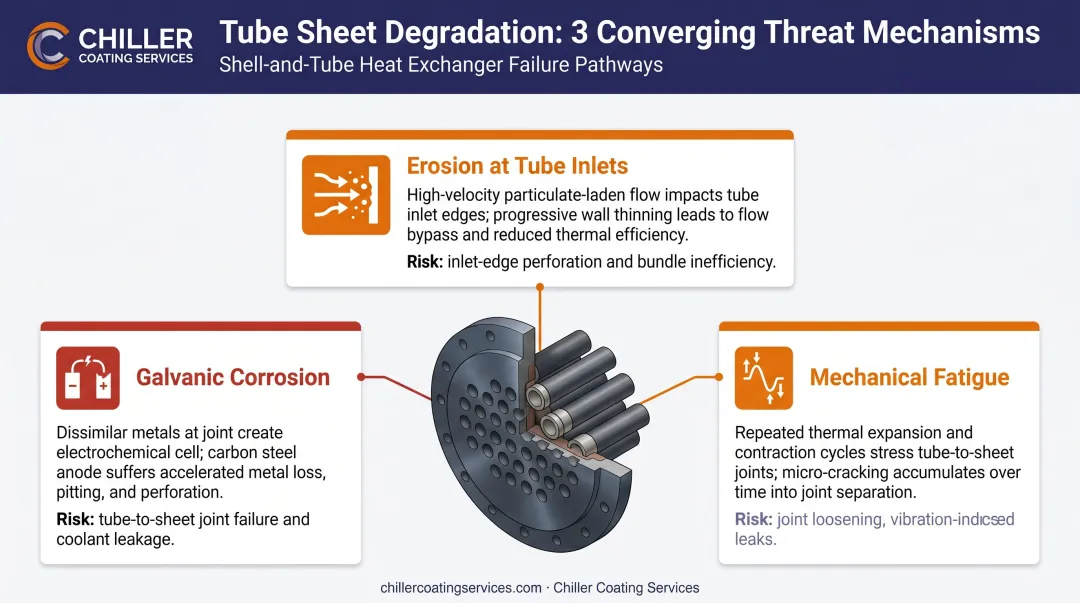 Three tube sheet degradation mechanisms galvanic corrosion erosion and mechanical fatigue