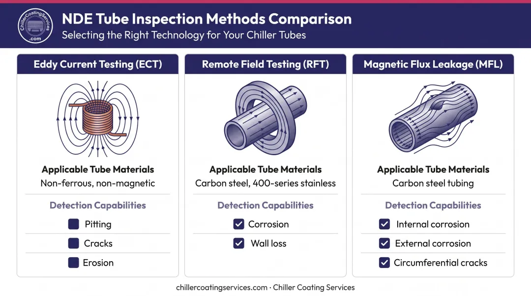 Three NDE tube inspection methods eddy current remote field and magnetic flux leakage compared