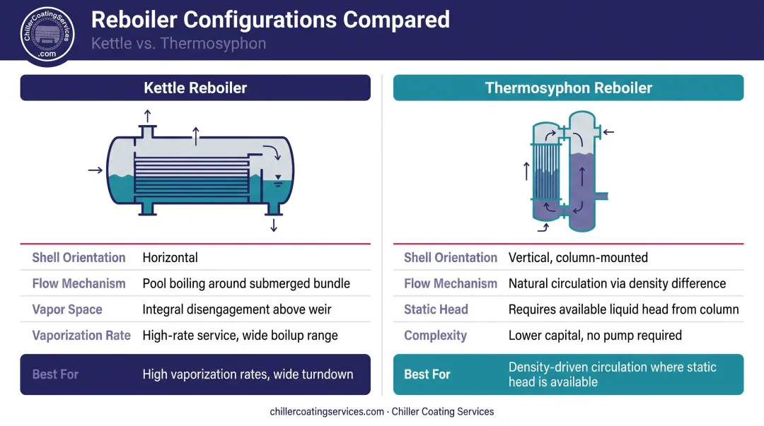 Kettle versus thermosyphon reboiler design comparison for distillation column service