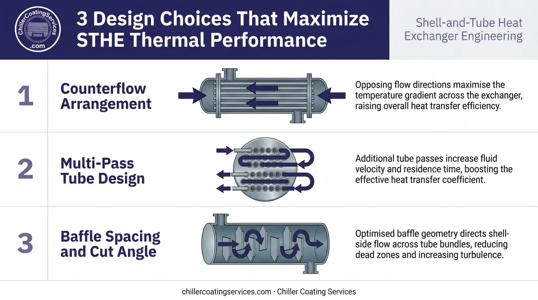Three STHE thermal performance design choices counterflow multi-pass and baffle spacing