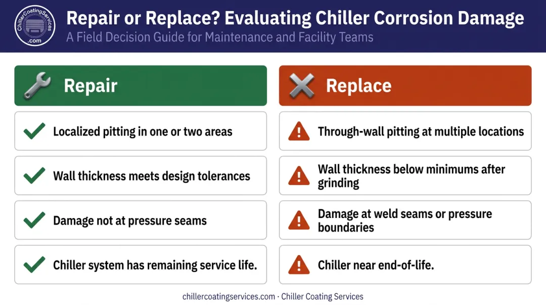 Repair versus replace chiller tube sheet decision criteria side-by-side comparison infographic