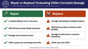 Repair versus replace chiller tube sheet decision criteria side-by-side comparison infographic