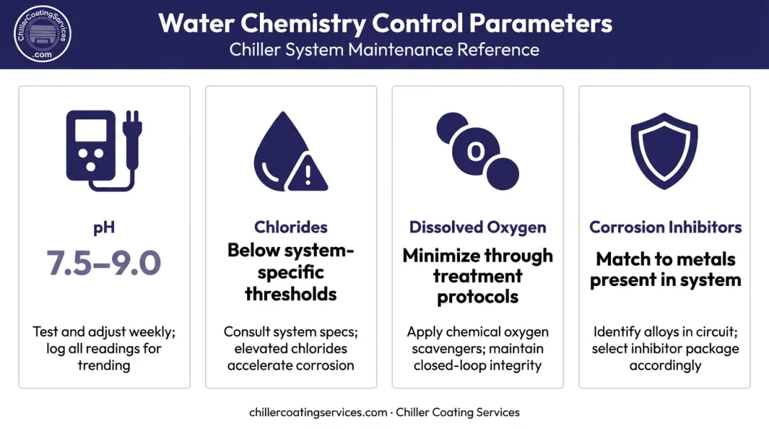 Industrial chiller water chemistry prevention targets pH chloride dissolved oxygen parameters