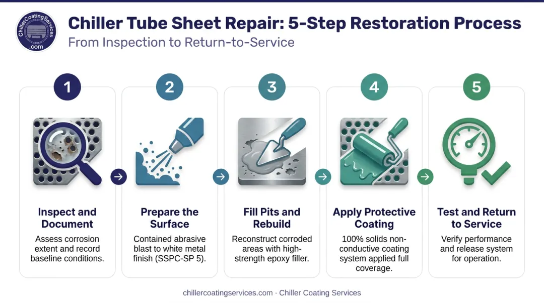 Five-step chiller pitting corrosion repair process flow from inspection to return to service