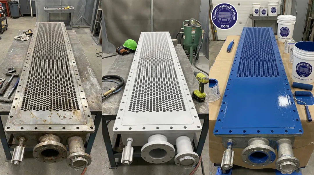 Chiller tube sheet abrasive blasting and epoxy coating application three-step service process