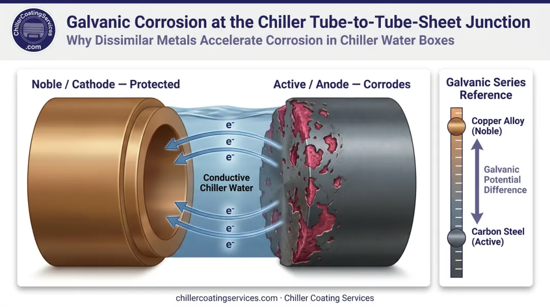 Galvanic corrosion process between copper tubes and carbon steel tube sheet in chiller