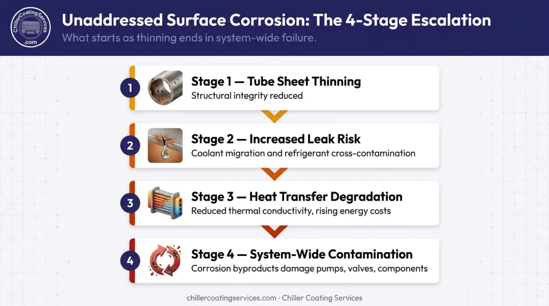 Four-stage chiller surface corrosion progression from tube thinning to system contamination