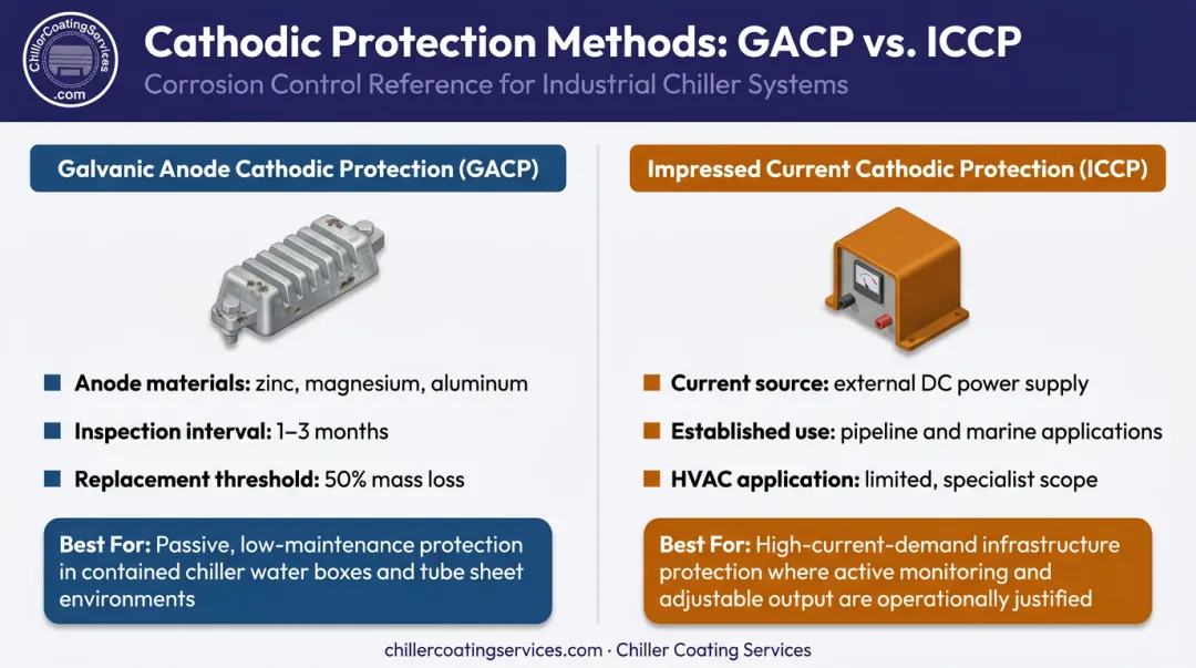 Galvanic anode versus impressed current cathodic protection comparison for chiller systems
