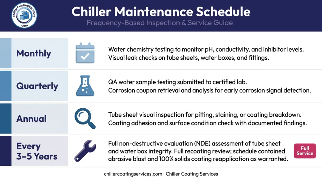 Chiller galvanic protection maintenance schedule from monthly to five-year inspection intervals