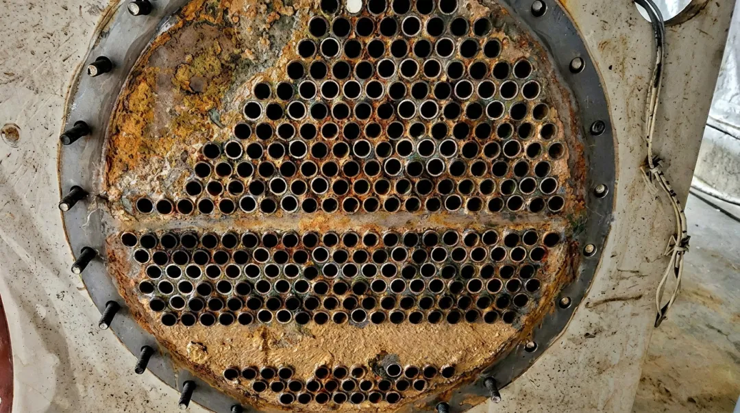Corroded chiller tube sheet showing pitting channeling and rust deposits at tube ends